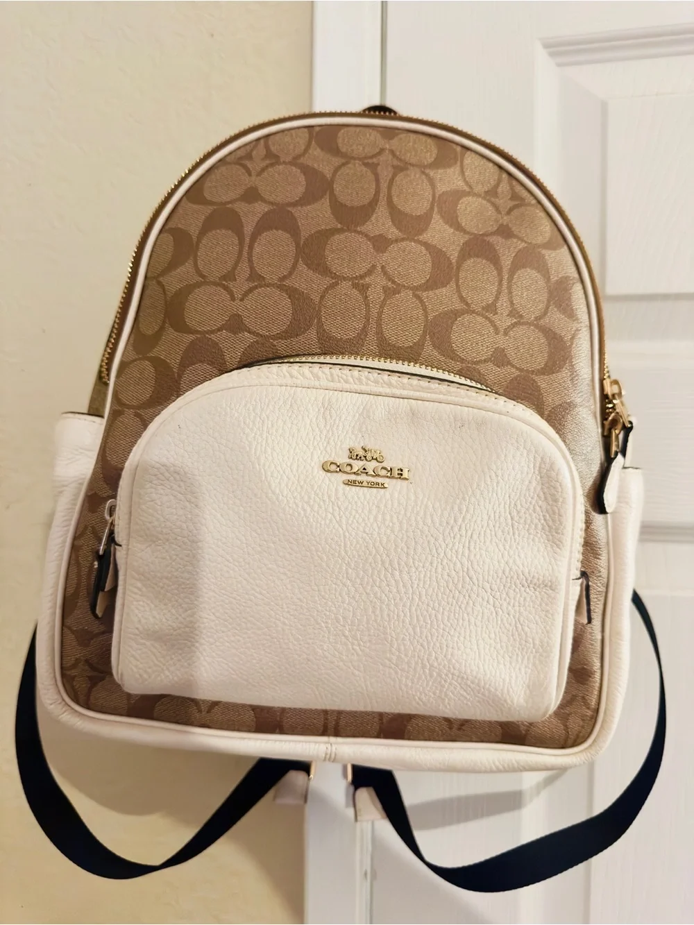 Coach Tan Signature Canvas Backpack with White Leather Front Pocket
